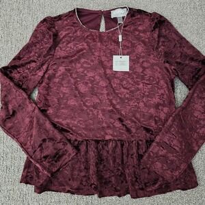 Cupio Blush‎ Burnout Velvet Peplum Top Medium Burgundy Romantic Holiday